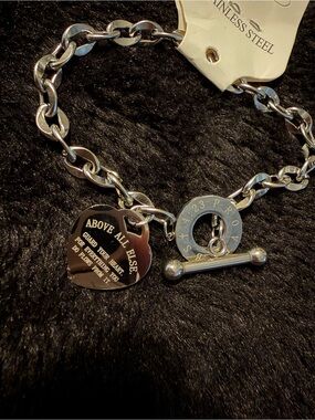 Stainless Steel Heart Charm Toggle Bracelet - Silver